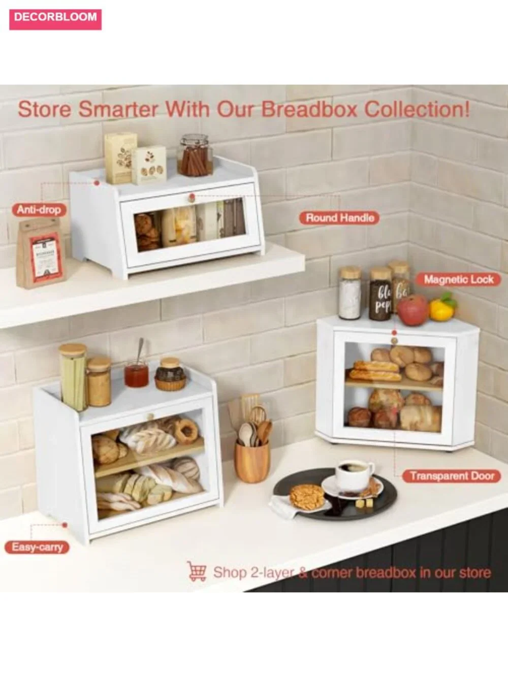 White Bread Box for Kitchen Countertop, Bamboo Storage with Magnetic Door